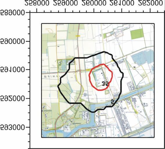 Figuur 4.6 Contouren berekent met het NNM van de bijdrage van Kollo SiC aan het aantal dagen dat de daggemiddelde concentratie hoger is dan 50 µg/m 3.