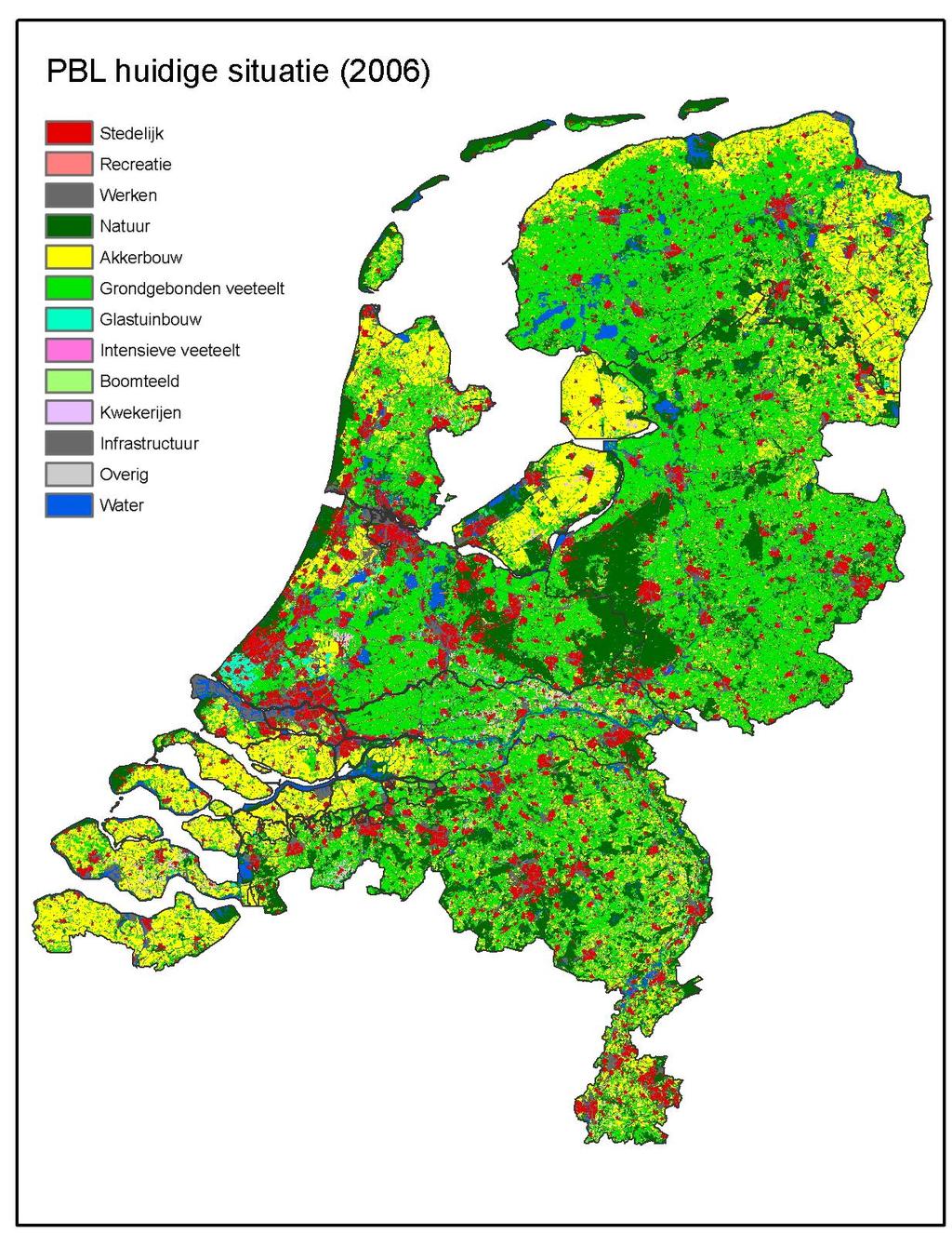 Figuur 2.4 Landgebruik in de huidige situatie; bepalend voor de watervraag 2.2.3 Waterverdeling door Nederland: het netwerk, inlaatpunten en uitslagpunten Het water dat Nederland binnenstroomt wordt over het land verdeeld via een hoofdnetwerk van waterwegen (Figuur 2.