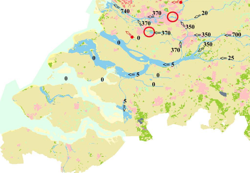 Figuur 4.12 Afvoerverdeling in het benedenrivierengebied bij lage rivierafvoeren (Rijn ca 900 m 3 /s bij Lobith, Maas ca 25 m 3 /s bij Eijsden).