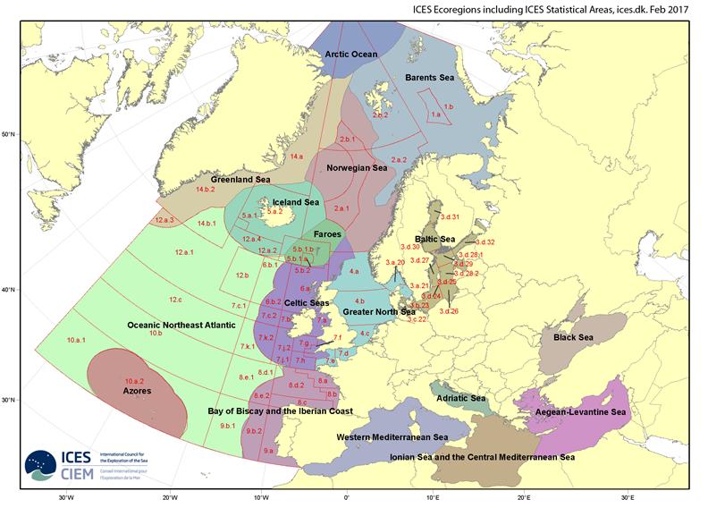 Figuur 2.1. Verschillende ICES gebieden die gebruikt worden in de naamgeving van de visbestanden, die geografisch gezien uit verschillende gebieden kunnen zijn samengesteld (ICES, 2017). 2.2.5.