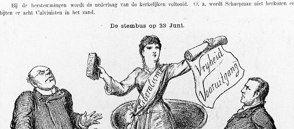 bron 6 Een prent uit 1891 met als titel: De stembus op 23 juni Opschrift Bij de herstemming wordt de nederlaag van de kerkelijken voltooid.