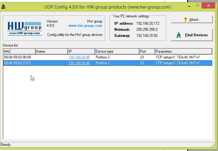 Als u het programma UDP-config hebt gestart, dan zal het volgende scherm verschijnen: Afbeelding 1: Scherm UDP Config met daarop de PortBoxen welke gevonden zijn op het netwerk In principe zal de