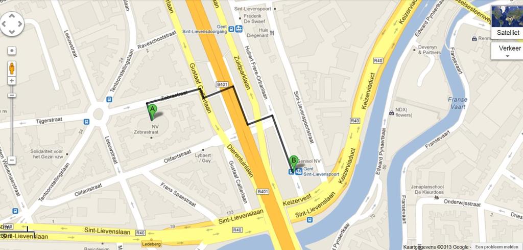 3. Met de tram: Hoe tram 4 bereiken vanaf NV Zebrastraat? Verlaat NV Zebrastraat (A) en sla rechtsaf. Op het einde van de Zebrastraat slaat u rechtsaf naar de Gustaaf Callierlaan.