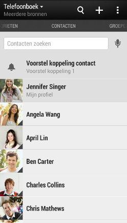 118 Contacten Contacten Je lijst met contacten De toepassing Contacten toont alle contacten op je HTC One mini en van de onlineaccounts waarbij je bent aangemeld.