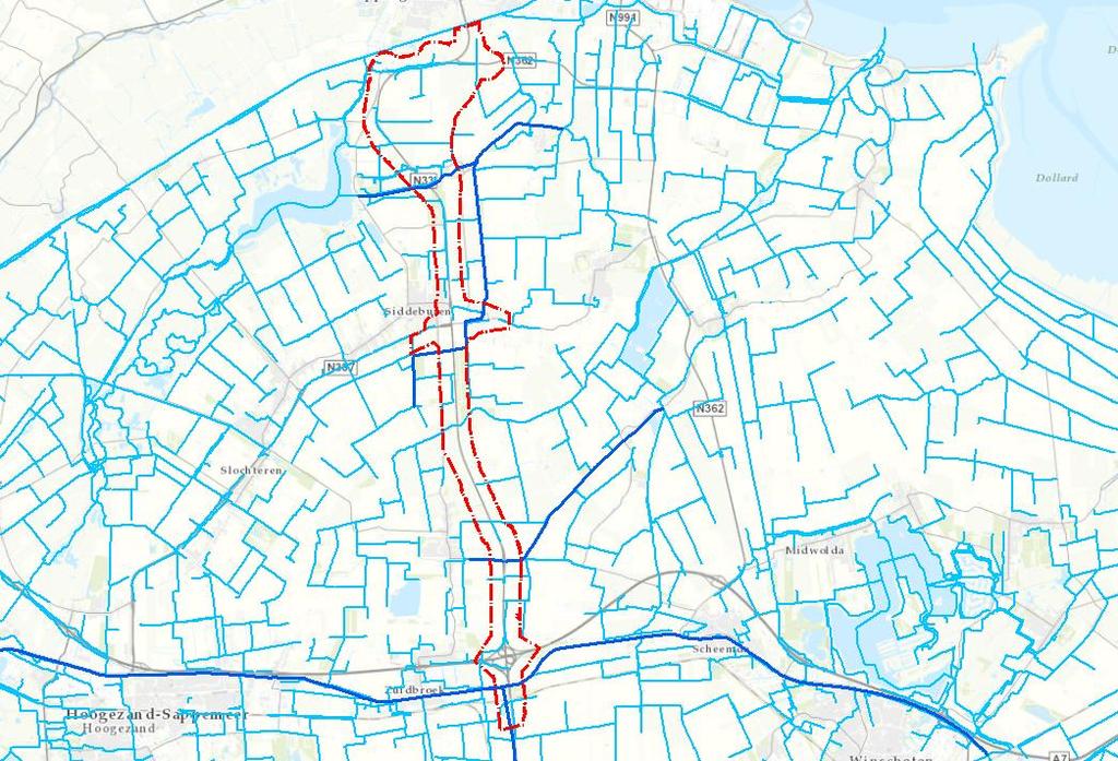 Figuur 7.7: hoofdwatergangen en vaarwegen De N33 ligt in ruim tien verschillende peilgebieden. Het streefpeil zit tussen de -4,05 tot -2 m NAP.