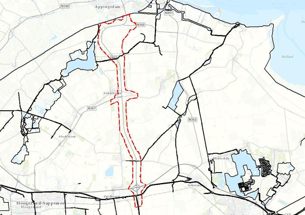 Figuur 7.8: Waterkeringen (zwarte lijnen) en projectgebied (rood gestippeld) 7.6.