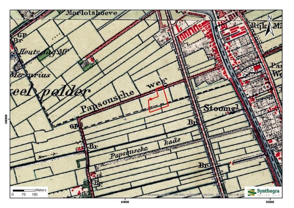 Afbeelding 2.7: Ligging van het plangebied op de kaart uit circa 1900, aangegeven met het rode kader (Bron: arcgisonline.nl).