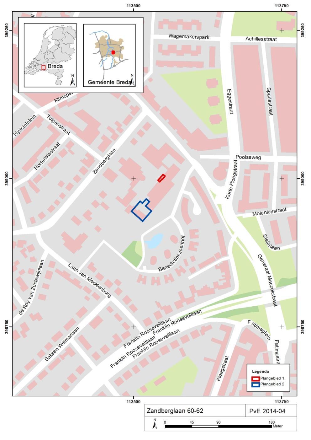 2 Ligging en aard van het terrein Het plangebied is gelegen ten zuidoosten van het centrum van Breda, aan de Zandberglaan 60-62. Het beslaat een perceel met perceelnummer BDA00 D9498.