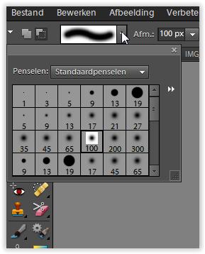 Kies de soort en grootte van penseel Er kan gekozen worden voor het gebruik van het penseel en de grootte