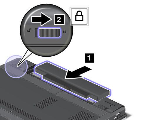 4. Plaats een volledig opgeladen batterij in de computer totdat deze op zijn plaats vastklikt 1 en plaats de batterijvergrendeling in de vergrendelde positie 2. 5. Draai de computer weer om.