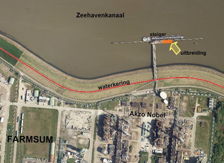 5. Bijzondere voorschriften. 5.1. Plaats a. De huidige steiger is gelegen in het zeehavenkanaal, ter hoogte van het bedrijf van JPB Logistics B.V. op het Akzo Nobel terrein in Farmsum. b. Een en ander als aangegeven op onderstaande luchtfoto.