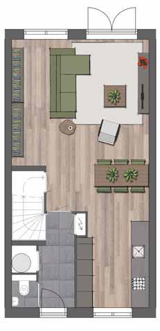 WEEFHUYS TUSSENWONING begane grond basis afmeting (kavel 1-3, 7-9, 12-14 en 16-19) WEEFHUYS TUSSENWONING begane grond opties: 1,20 meter verlenging met dubbele tuindeuren en een luxe keuken (kavel