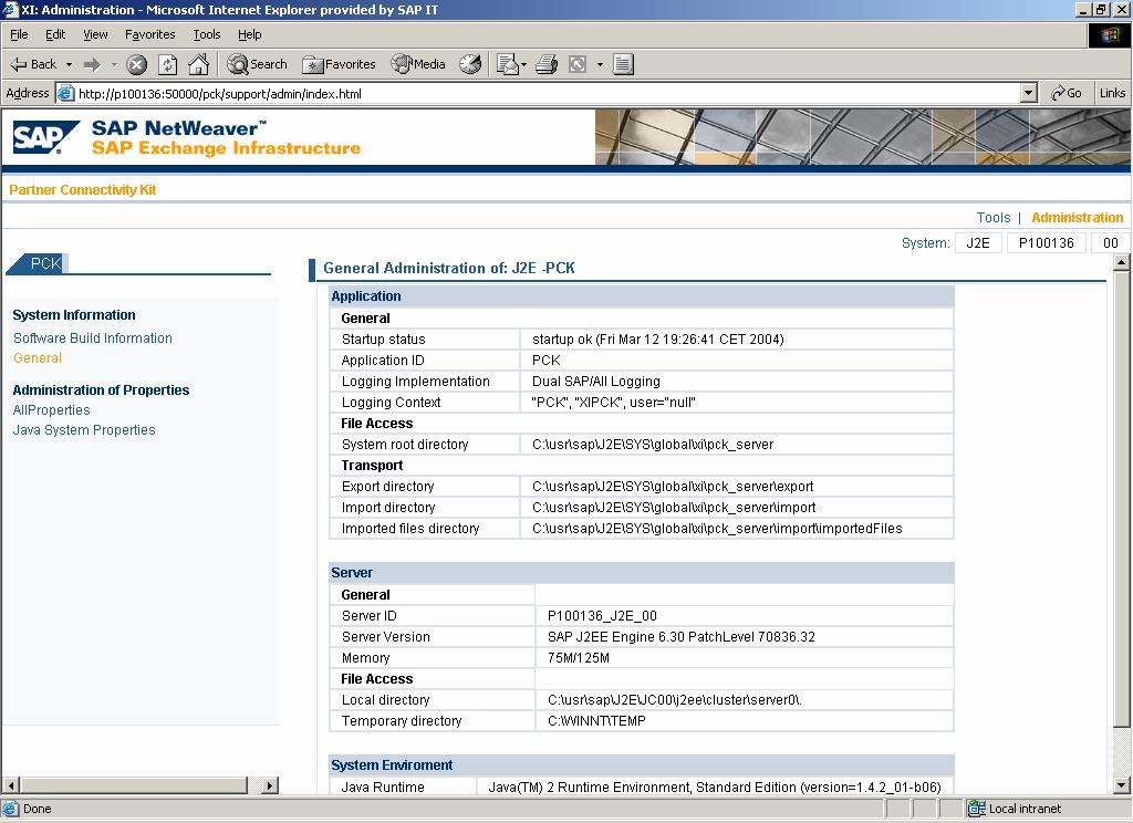 SAP PCK Administration UI Administration UI to view build information and system properties, e. g.