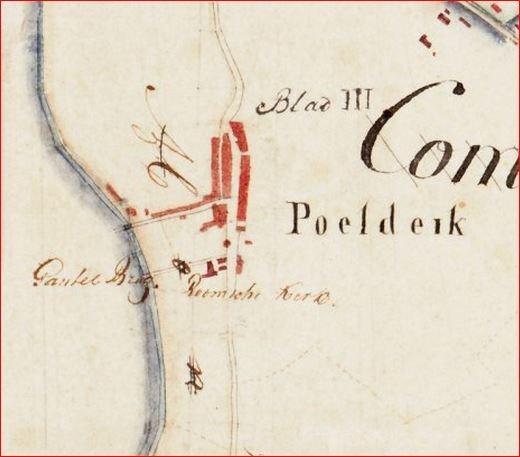 Plangebied (rode circkel) op een uitsnede van de Kruikius kaart uit 1711. 12 De kaart is niet noordgericht (zie pijl) en ook niet op schaal.