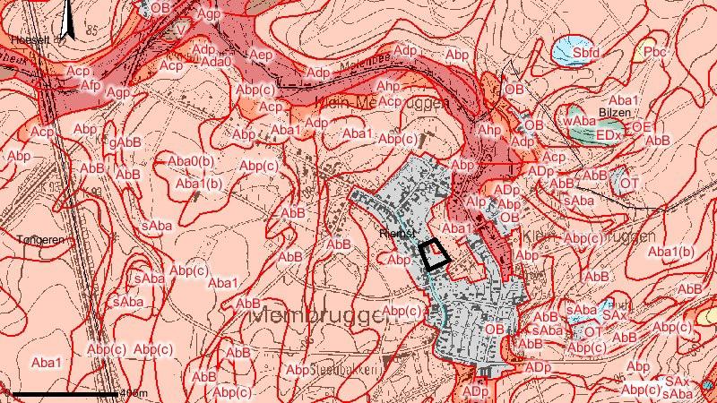 Fig. 4: Overzicht van het bodemlandschap met aanduiding van het projectgebied. Aba1 bodems behoren tot de plateau- of hellinggronden.