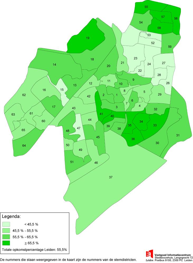6 Opkomstpercentage gemeenteraadsverkiezing Leiden 2002, per