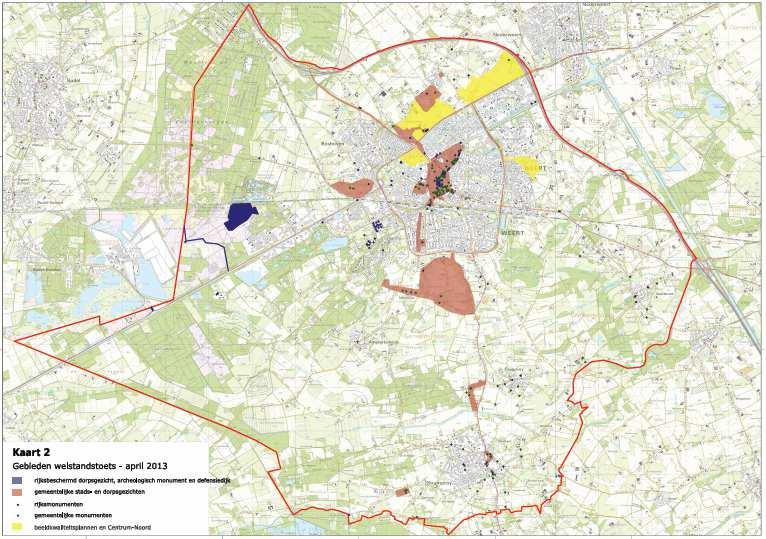 figuur: Kaart beschermde stads- en dorpsgezichten en gebieden welstandstoets Het hoogste toetsingsniveau (3, bijzonder) is van toepassing op het gebied waar sprake is van een stads- en dorpsgezicht,