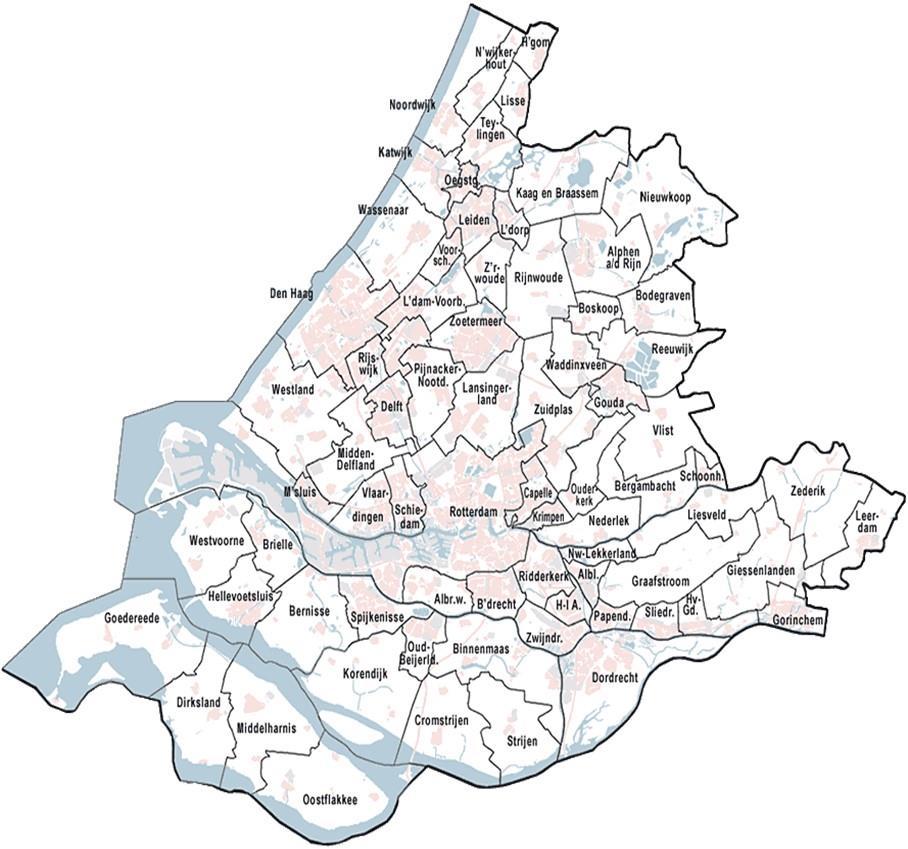 8 3 ALGEMENE GEGEVENS 3.1 De bibliotheken in Zuid-Holland De provincie Zuid-Holland bestaat uit de volgende 59 gemeenten: Figuur 1. Gemeenten in Zuid-Holland 3.