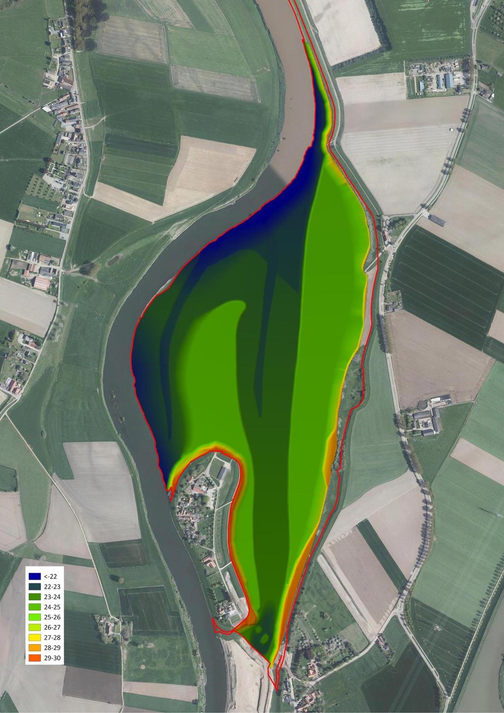 Figuur 3.1b. Toekomstige terreinhoogtes locatie Visserweert. De rode lijn is de grens van de projectlocatie.