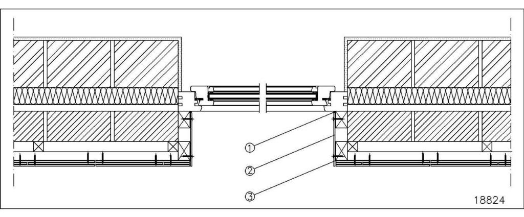 (foto s halfsteensverband) Fig. 13: Voorbeeld inspringend raam (met dagkant) klassieke afwerking horizontale doorsnede 1. Elastische voegdichting 2.