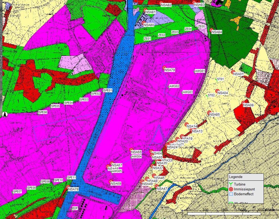 De ligging van de beoordelingspunten op het gewestplan is