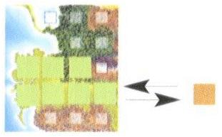 voorbeeld Het trekken, het uitbreiden en het aanvallen voor de speler die 'de mammoet' belichaamt (lichtgroen).