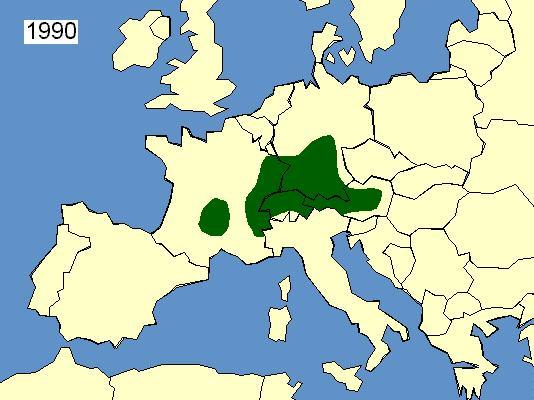 Geografische verspreiding in Europa 1990 Humane patienten met