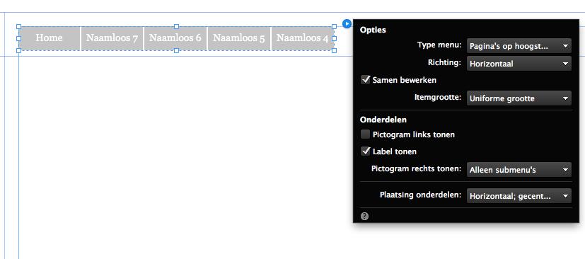 Je kunt hier kiezen voor een horizontaal menu of een verticaal menu. Sleep het menu op je pagina. Je ziet dat deze automatisch bestaat uit de 4 pagina s die je hebt gemaakt.