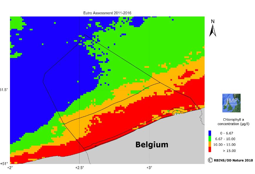 Met een verminderde nutriëntenaanvoer naar zee in de toekomst, wordt verwacht dat de rode lijn zich richting kust verplaatst (zie annex D5). Chlorofyl a Figuur 2.11.