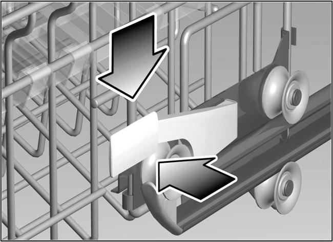 Verstellen van de korfhoogte * * afhankelijk van het model De bovenste servieskorf 1" kan indien gewenst in de hoogte versteld worden om in de bovenste of in de onderste servieskorf meer ruimte te