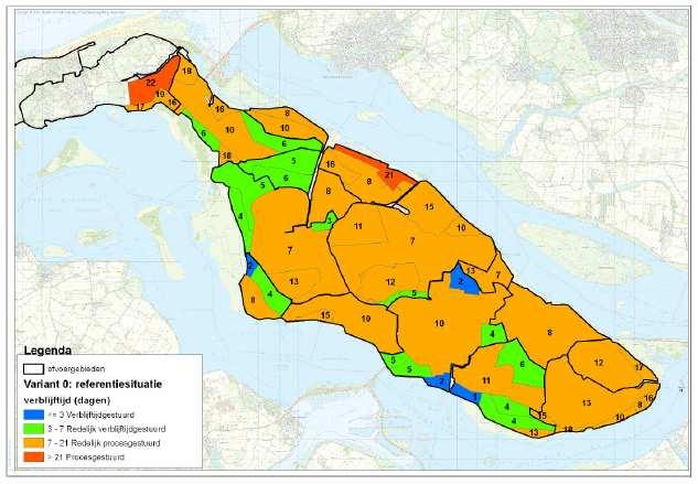 De verblijftijd van het water op Goeree-Overflakkee is weergegeven in Figuur 2.5. In het gehele verzorgingsgebied van Groote Kreek is de verblijftijd 11 dagen (Witteveen en Bos, 2012). Figuur 2.5 Verblijftijden van de peilgebieden in Goeree-Overflakkee (Witteveen en Bos (2), 2012).