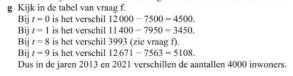 2. Het aantal inwoners van het plaatsje Vierlo is gegeven door de formule N v = 12000 0, 5. Bij het plaatsje Zevenburg hoort de formule in jaren met t=0 op 1 januari 2013. N z = 7500 1, 6 0 t 9 t.