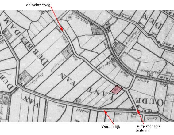 Afb. 5. De onderzoekslocatie bij benadering weergegeven op een kaart van Mattheus de Vries van ná 1717. Op de locatie is nu bebouwing aanwezig.
