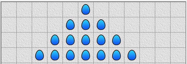 Opgave 5.5: Piramide van eieren Taak: Leer Mimi om een piramide van eieren te bouwen. Figuur 7: Piramide van eieren Vul de wereld zo ver mogelijk aan met dit patroon. Bedenk een generieke oplossing.