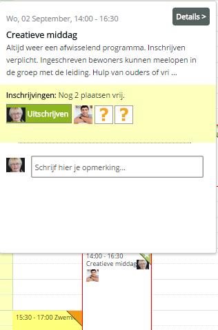 Jezelf inschrijven (voor alle leden) Zodra je in de weekagenda met je muis op een agendapunt klikt, verschijnt de informatieballon.