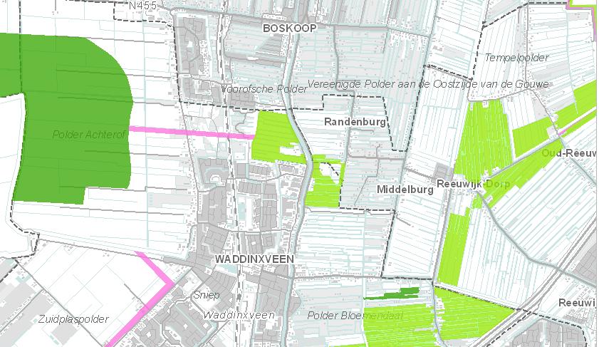 Figuur 6: Beschermde gebieden (EHS) direct rondom de dorpskern van Waddinxveen. De Roze lijnen geven de ecologische verbindingszones weer. Bron website Provincie Zuid-Holland 24-11-2011.