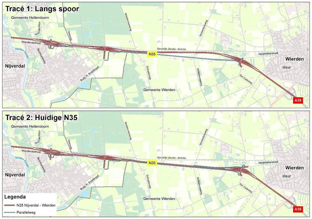 3.2.3 Ontwikkeling varianten tracé 1 en 2 (2011) Bij de start van de verkenning in 2011 werd uitgegaan van twee tracés tussen de spoorlijn Zwolle-Almelo en de huidige N35, zie figuur 3.6.