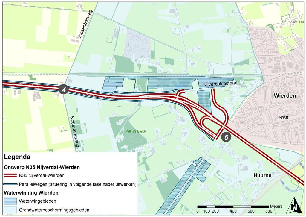 Figuur 4.21 Ligging noordvariant N35 Nijverdal Wierden ten opzichte van waterwingebied 4= Tunnel Vossenbosweg, 5= Aansluiting Wierden-West Figuur 4.