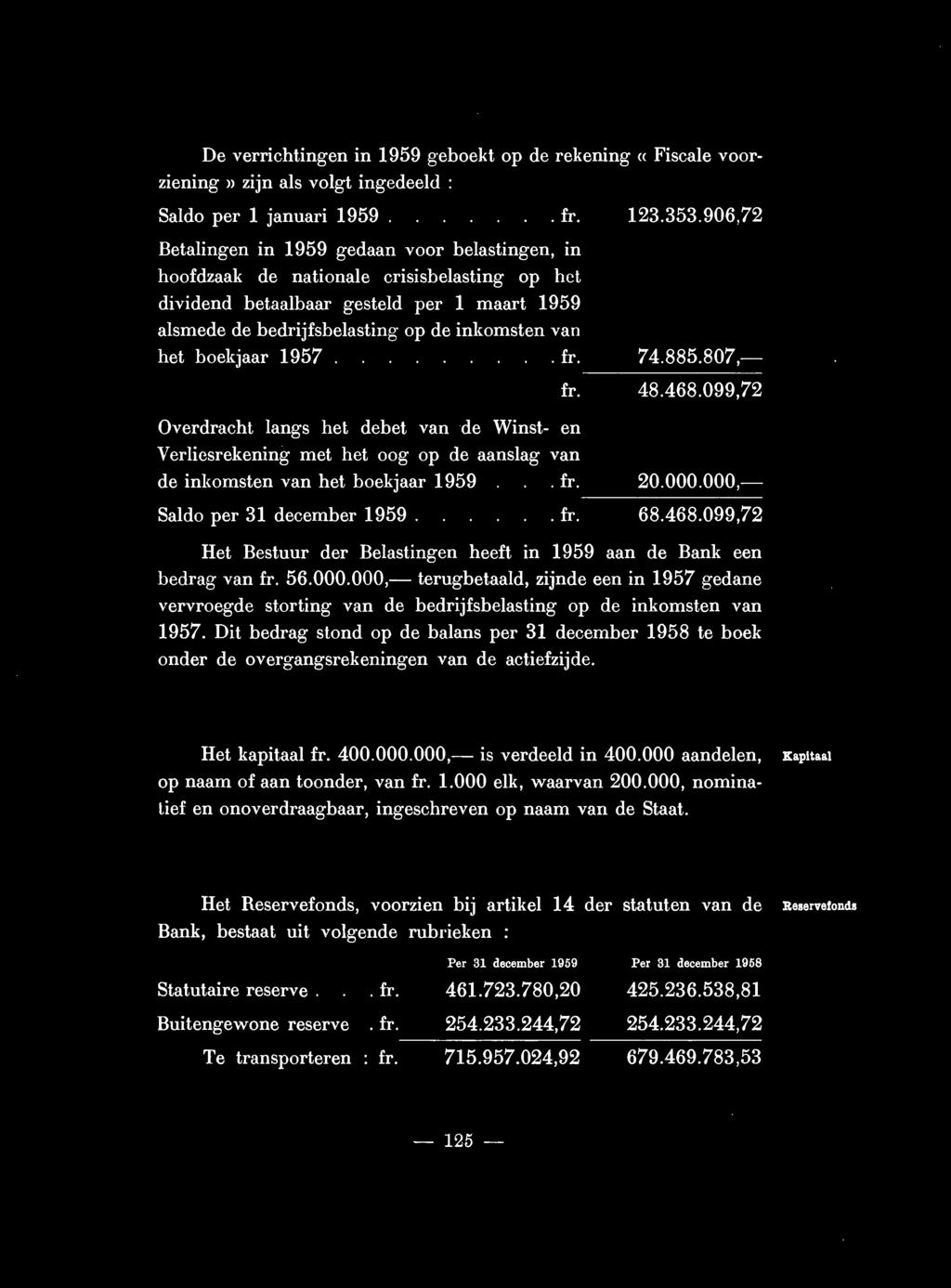 boekjaar 1957.. fr. 74.885.807,- -------- fr. 48.468.099,72 Overdracht langs hel debet van de Winst- en Verliesrekening met het oog op de aanslag van de inkomsten van het boekjaar 1959. fr. 20.000.
