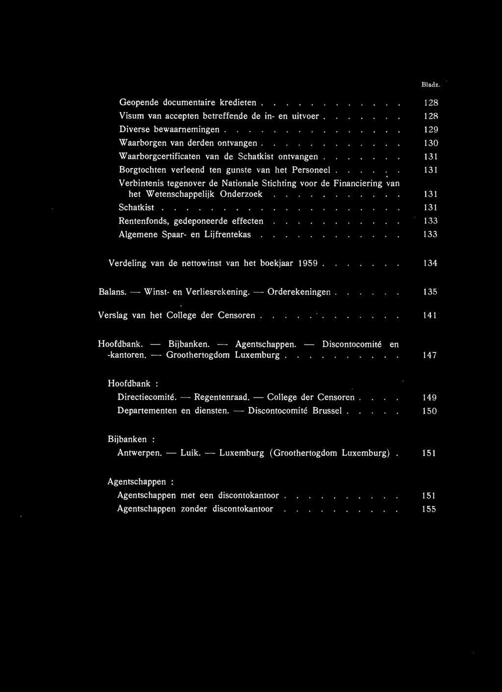 Wetenschappelijk Onderzoek 131 Schatkist. 131 Rentenfonds, gedeponeerde effecten 133 Algemene Spaar- en Lijfrentekas 133 Verdeling van de nettowinst van het boekjaar 1959. 134 Balans.