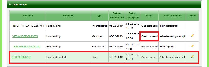 scherm: U ziet de geaccordeerde verwijderopdracht en een