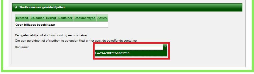 Selecteer via het uitklapscherm de container die u