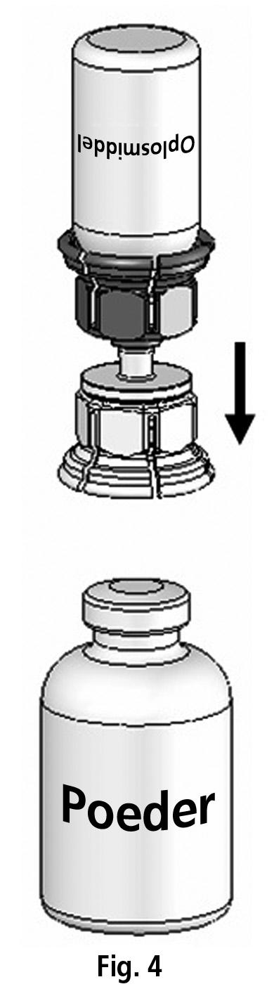 het klikt (fig. 1). Houd de injectieflacon met het oplosmiddel vast en verwijder voorzichtig de buitenverpakking van de Mix2Vial.