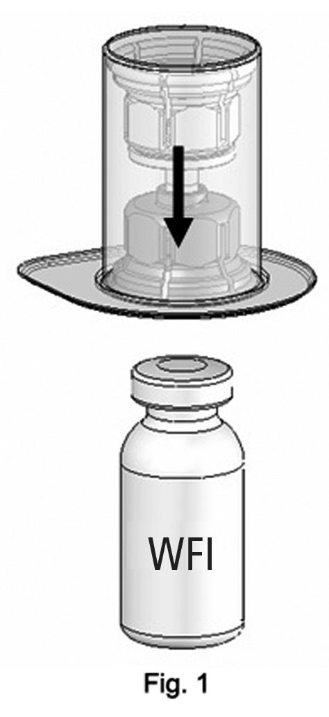 3 5. Terwijl beide injectieflacons aan elkaar vastgemaakt zijn, de injectieflacon met het poeder voorzichtig draaien tot het product is opgelost.
