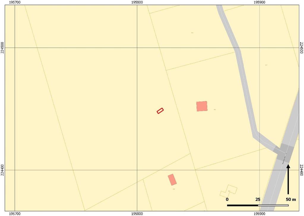 Fig. 3. Afbakening (rood omlijnd) van de opgravingsput, zoals ingemeten met Robotic Total Station (RTS) en GPS-RTK toestel in Lambert 72, geprojecteerd op het GRB ( AGIV).