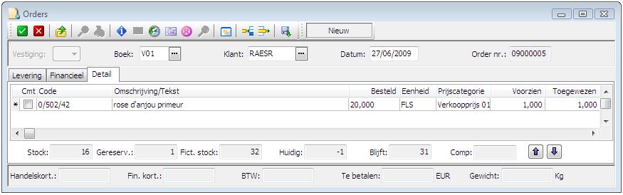 3.1.3. Verrichtingen voorbeelden Voorbeeld 2: Productfiche Tabblad Reservatie 1) Klantenorder - Ingave Er wordt een productlijn ingegeven 0/502/42 waarbij 20 flessen worden