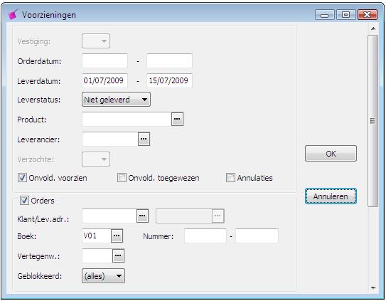 Voorbeeld 2 verrichtingsscherm Voorzieningen Selectie op Leverdatum en Leverancier Klik op Verrichtingen. Klik op Voorzieningen. Klik op en vul in 01/07/2009 tot 15/07/2009.