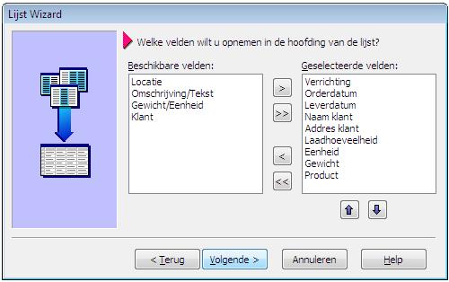 Selecteer de velden Verrichting, Orderdatum,... door op deze velden te dubbelklikken.