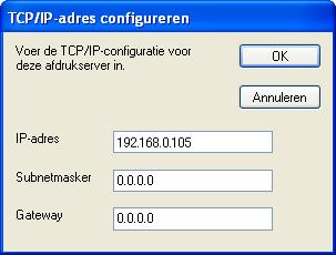 J Klik op Configureer het IP-Adres. Als u de PS-driver wilt installeren, selecteert u Aangepast en volgt u de instructies op het scherm.
