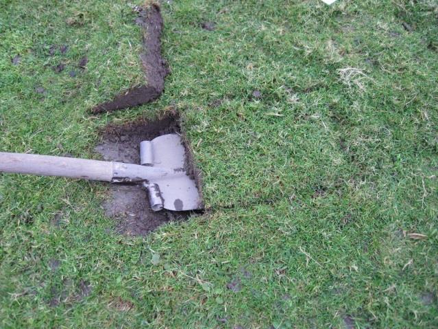 Plaats de spade op ongeveer 8 cm onder het maaiveld en duw de spade in lijn met het maaiveld in de bodem onder de vegetatie.